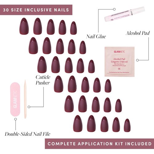 Glamnetic Press On Nails - Merlot | Matte Short Almond Dark Red Fake Nails with Glossy French Tips | 15 Sizes - 30 Nail Kit with Glue