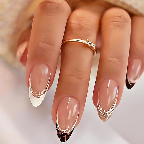 LOPMNGHT French Tip Press on Nails Almond Shaped Gold Glitter Powder Design Acrylic Nails Leopard French Stick on Nails Medium Charm Nails Press Ons Glossy Glue on Nails for Women 24Pcs Manicure Kit
