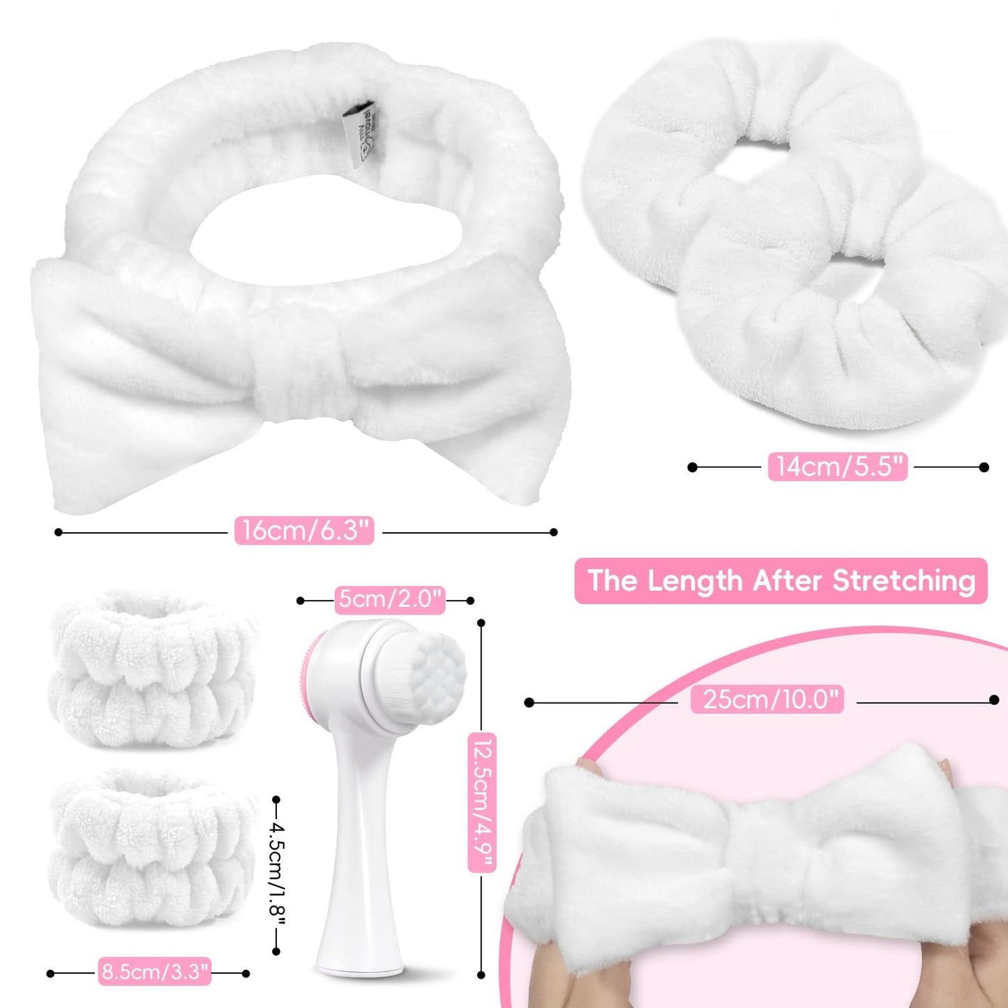 my novel things Spa Headband for Washing Face, Skincare headband and wristband set, Facial Cleansing Brush, 2-in-1 Skin Care face Brush, Come with a Hair Scrunchie, For Massaging Makeup Skincare-White
