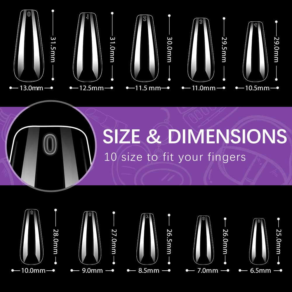 Long Fake Nails - Clear Acrylic Coffin Shaped Ballerina Nails Tips BTArtbox 500pcs Full Cover False Artificial Nails with Case for Salons and DIY Nail Art, 10 Sizes