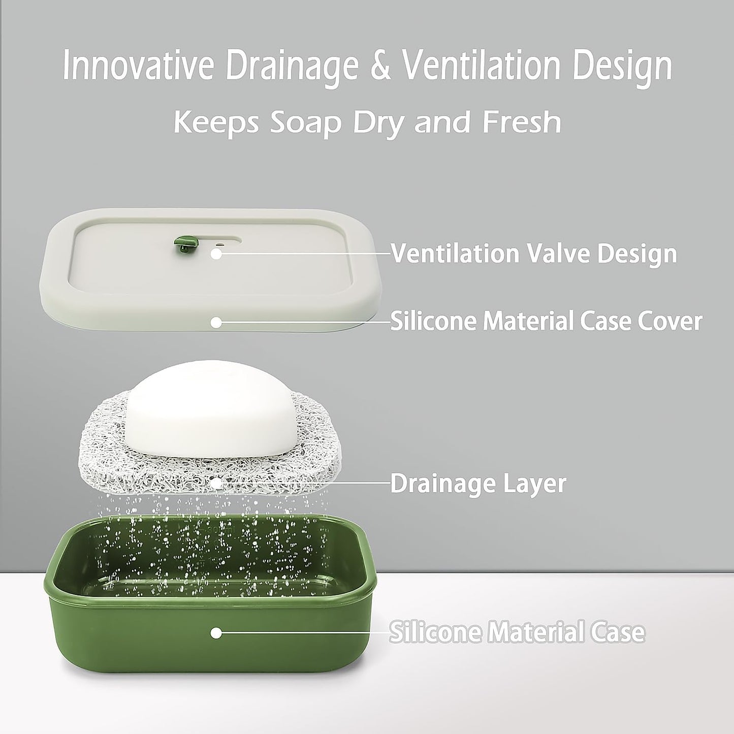 Skiennix Travel Soap Case - Silicone Leak Proof Design | Large Vented Shampoo Bar Holder in Offwhite & Green