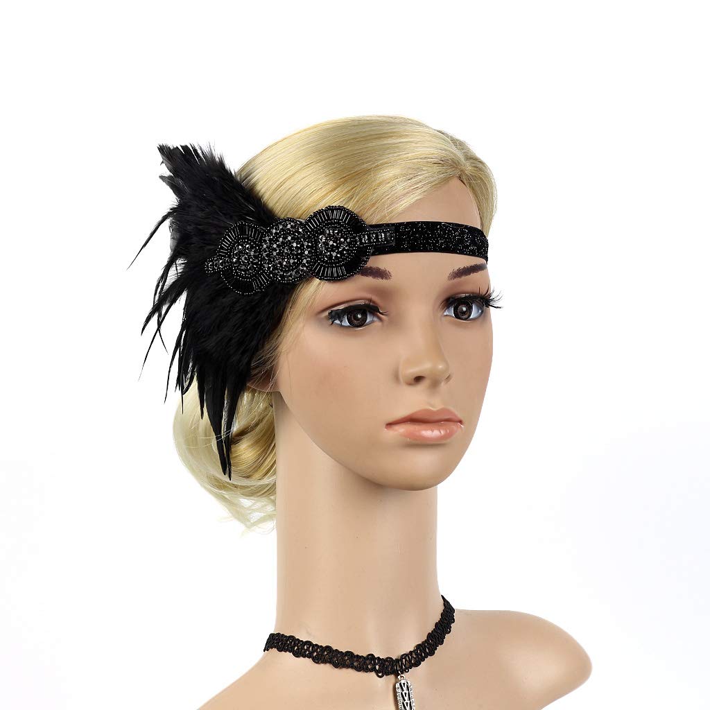 Roaring Art Deco 1920s Headpieces for Women Flapper Headband 20s Gatsby Costume Peacock Hair Accessories 01Black