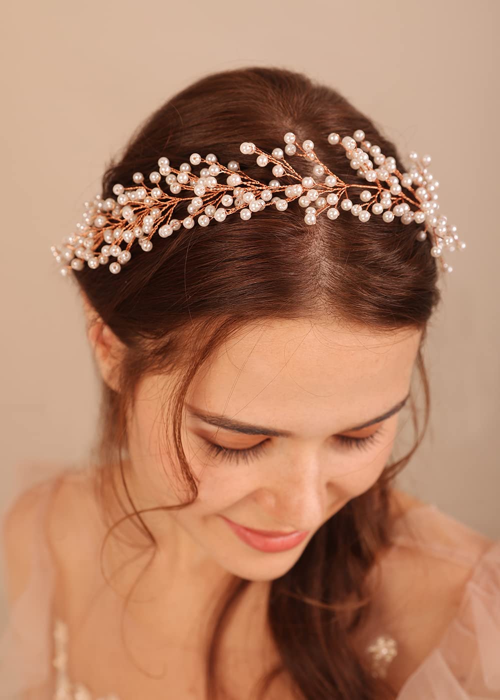 Kercisbeauty Pearl Headpiece for Wedding Brides Women Boho Hair Vine Princess Hair Tiara Jewelry for Special Occasion Bridal Shower Headband (Rose Gold)