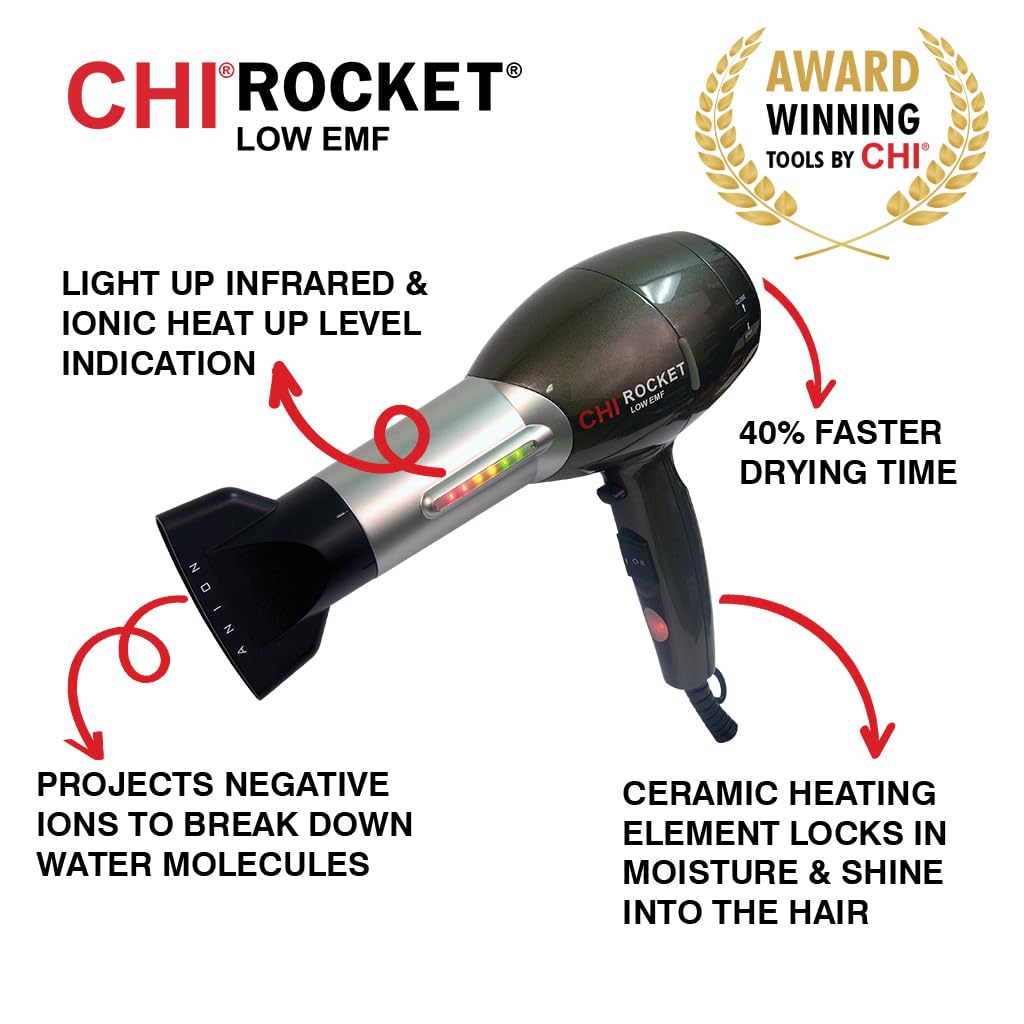 CHI Rocket Hair Dryer - Quick-Drying With Comb & Nozzle Attachment for Shiny, Frizz-Free Hair