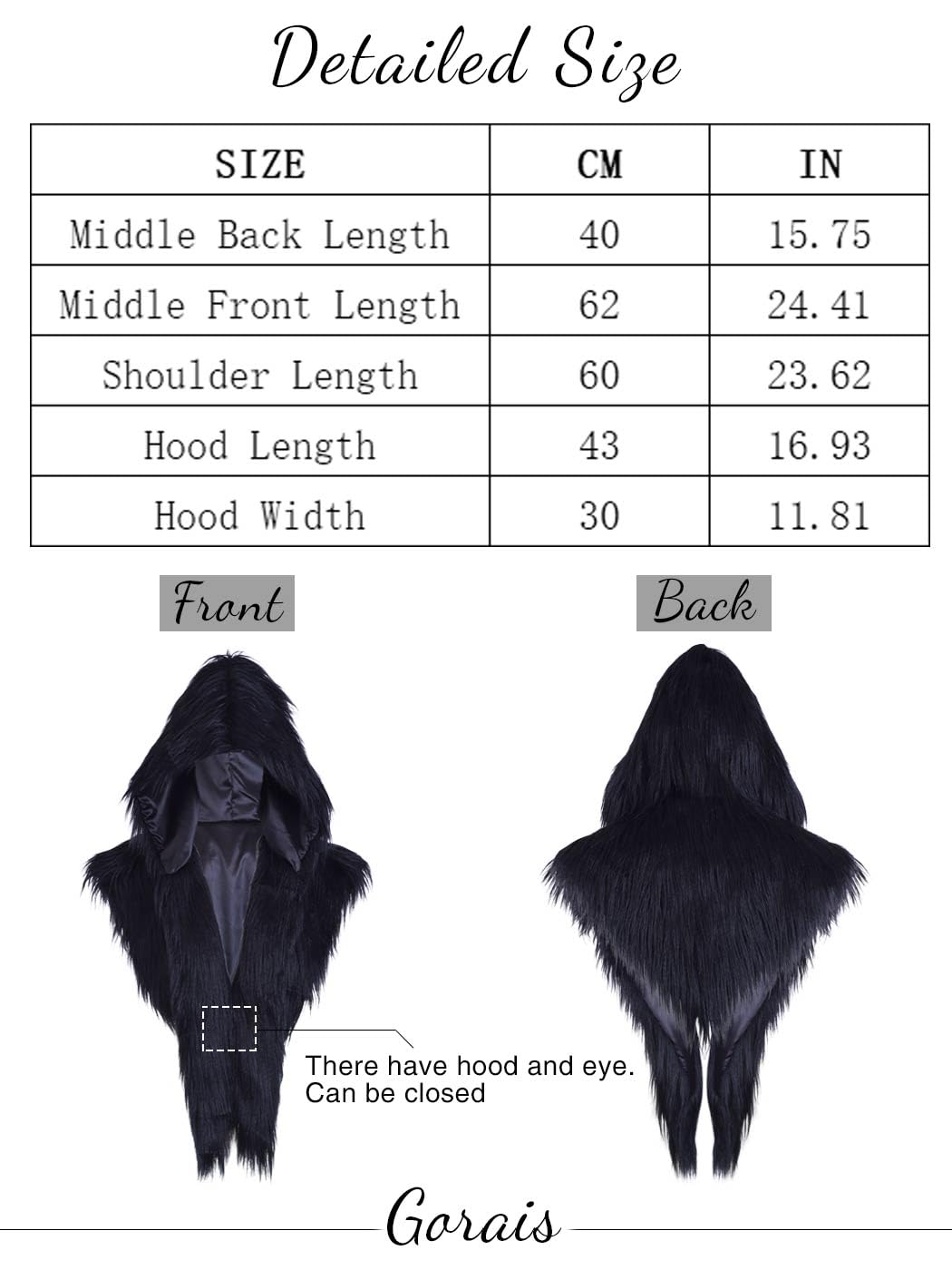 GORAIS Women Hooded Faux Fur Collar Fur Shoulder Wrap Cosplay Costume Fur Cape for Halloween Outfit Black