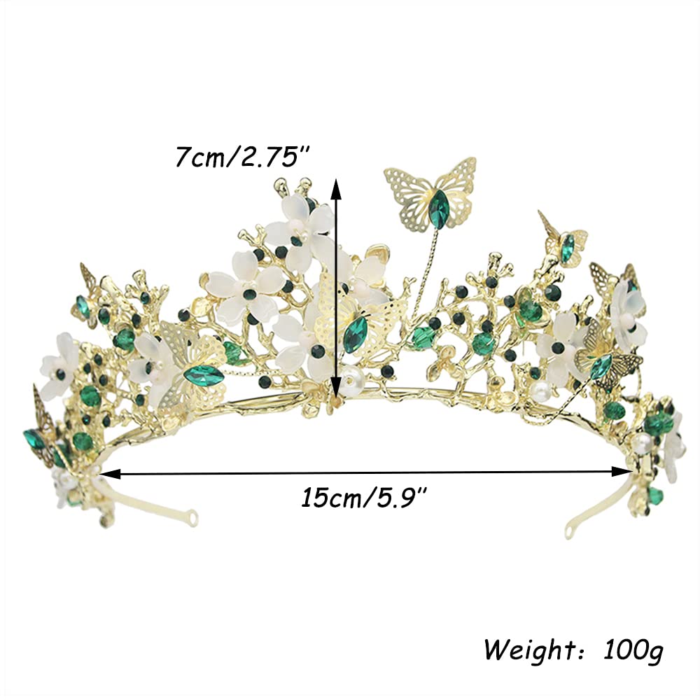 Brihasory Butterfly Queen Birthday Crowns Gold Tiaras for Bride, Crystal Royal Princess Wedding Rhinestone Headband, Costmue Party Christmas Halloween Black Prom Headpiece for Women and Girls (Green)