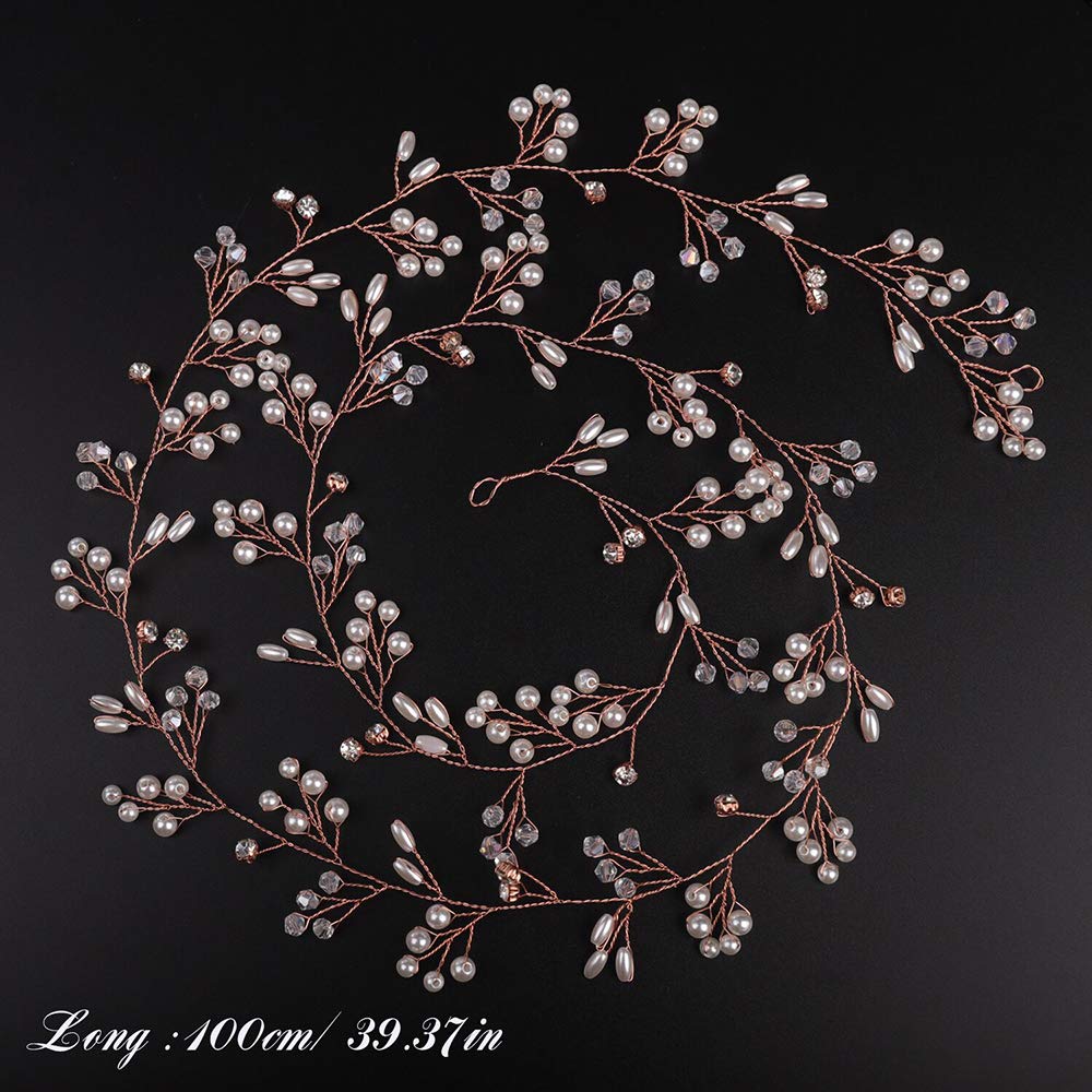 Denifery Bridal Rose Gold Extra Long Pearl and Crystal Beads Bridal Hair Vine Wedding Head Piece Bridal Accessories (Rose gold)