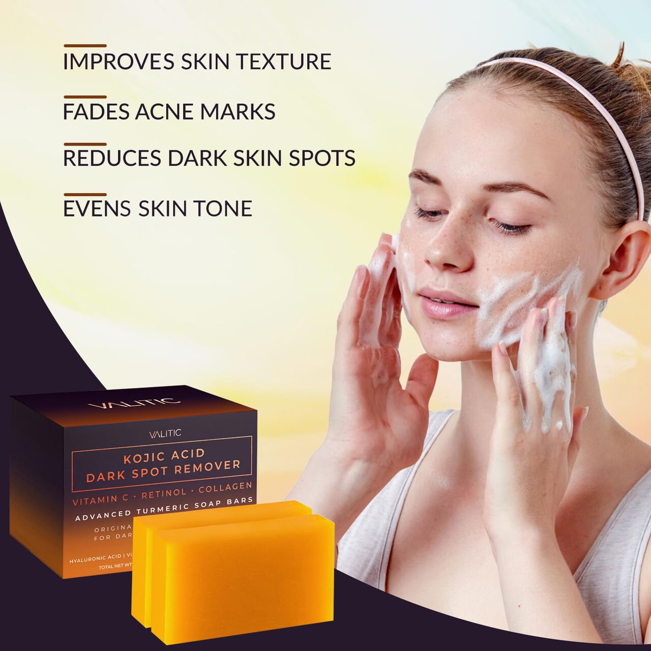 VALITIC Kojic Acid Dark Spot Remover Soap Bars - Infused with Vitamin C, Retinol & Turmeric (2 Pack)