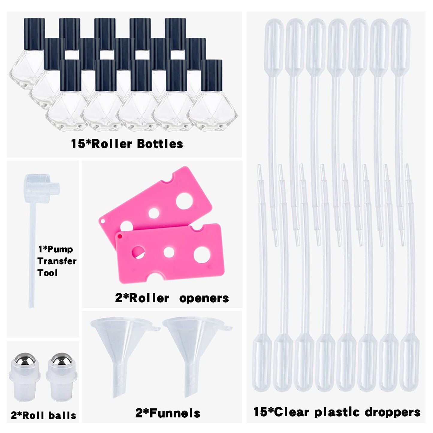 SYBiTeng 15 PCS 8 ml (0.27 oz) Mini Clear Glass Roller Bottles for Essential Oil or Cosmetic Containers refillable Travel perfume bottle with Stainless Steel Ball with Black Cap (Black)