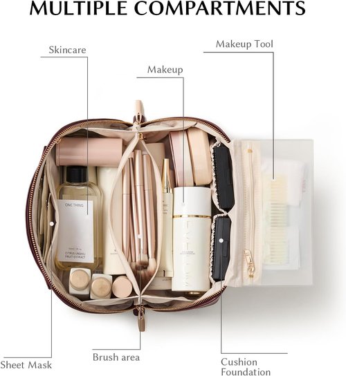 EACHY Travel Makeup Bag - Waterproof PU Leather Cosmetic Organizer for Skincare & Brushes