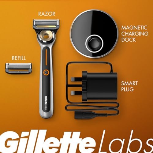 Gillette Heated Razor for Men - Deluxe Travel Shave Kit with Handle, 2 Blade Refills & Charging Dock