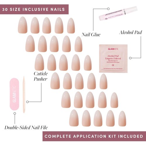 Glamnetic Press On Nails - Fiancéd | Short Almond Fake Nails with a Nude Ombré and Glossy, Glazed Finish, Salon Quality | 15 Sizes - 30 Nail Kit with Glue