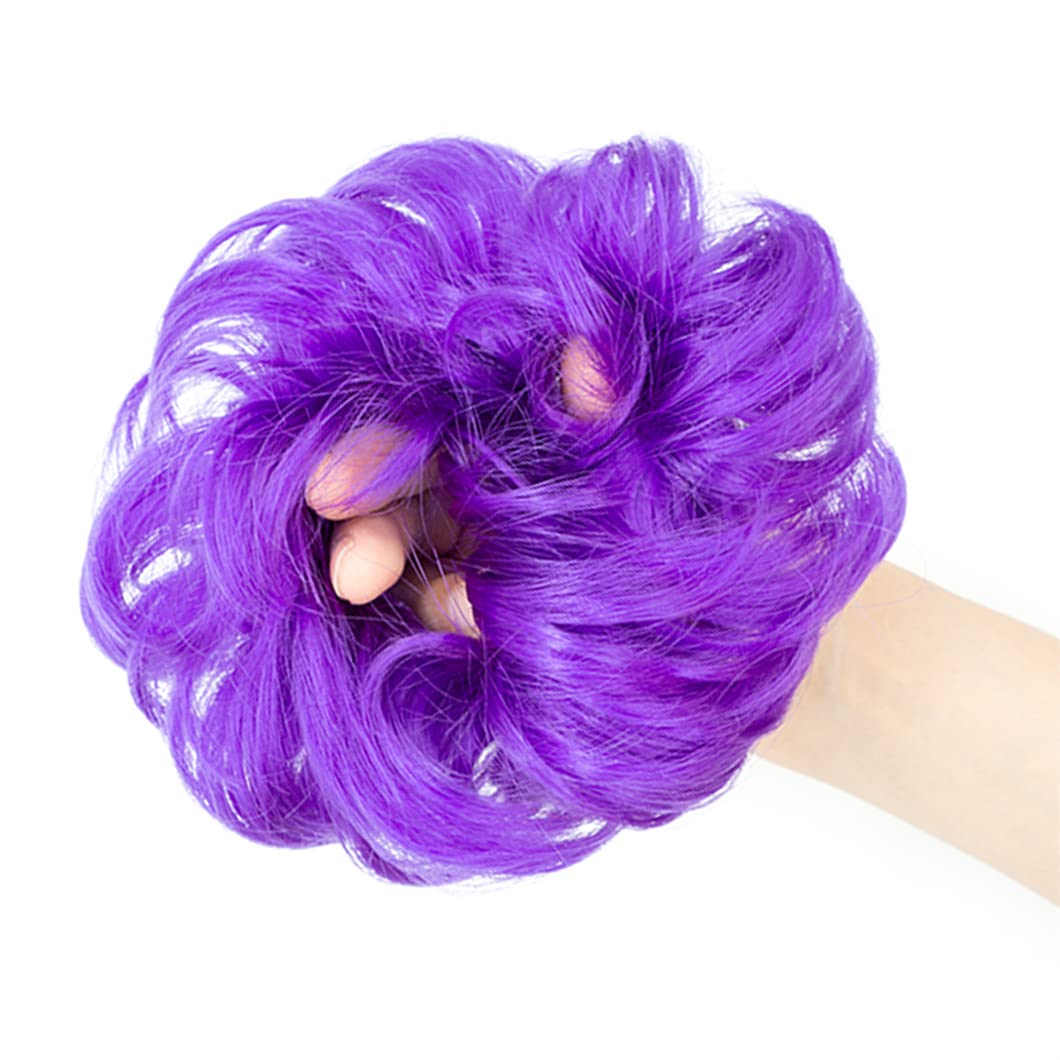 QTHQTFL 1 PCS Messy Bun Hair Piece, Hair Bun Hair Pieces for Women Girls Curly Wavy Synthetic Hair Bun Scrunchies Ponytail Extensions Purple Blue