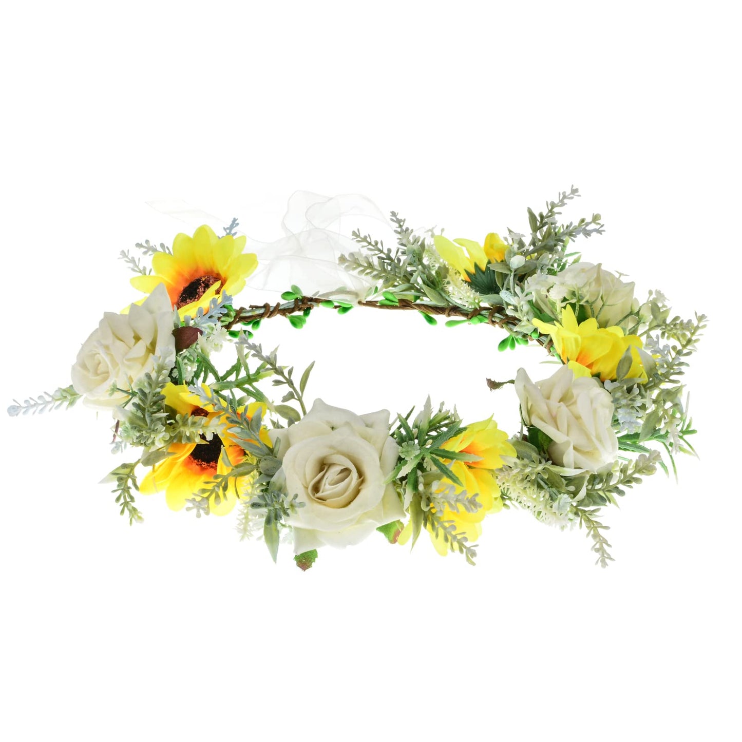 Love Sweety Women Velet Rose Floral Hair Wreath Greenery Leaf Flower Headband Sunflower Bridal Garland Halo Maternity Photograph (Sunflower White)