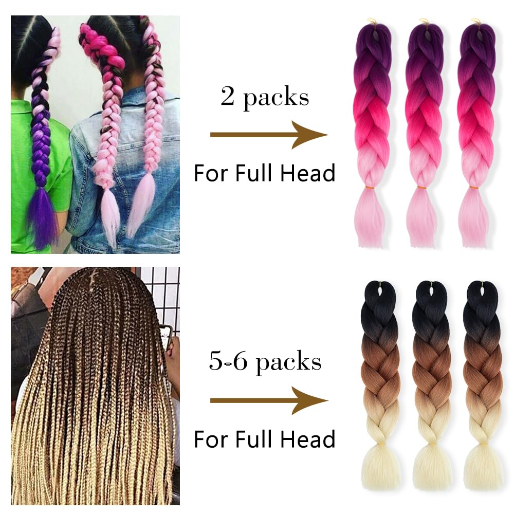 HMIEPRS 6 Pack Braiding Hair Extensions 24 Inch, Colored Pre Stretched High Temperature Synthetic Ombre Braids Hair Yaki Texture for Women Girls (Purple-Pink-Light pink)