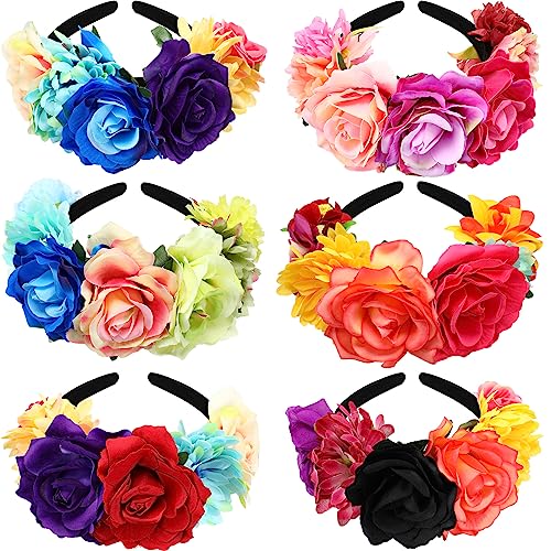 Kigeli 6 Pcs Mexican Flower Headband Day of the Dead Rose Floral Crown Halloween Headpiece for Women Girls Cosplay(Bright Color)