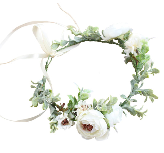 Trepveter Floral Garland Crown Wedding Flower Headband Hair Wreath Floral Headpiece Halo Cosplay Halloween Bridal Wedding Photo Props Renaissance Party Prom White