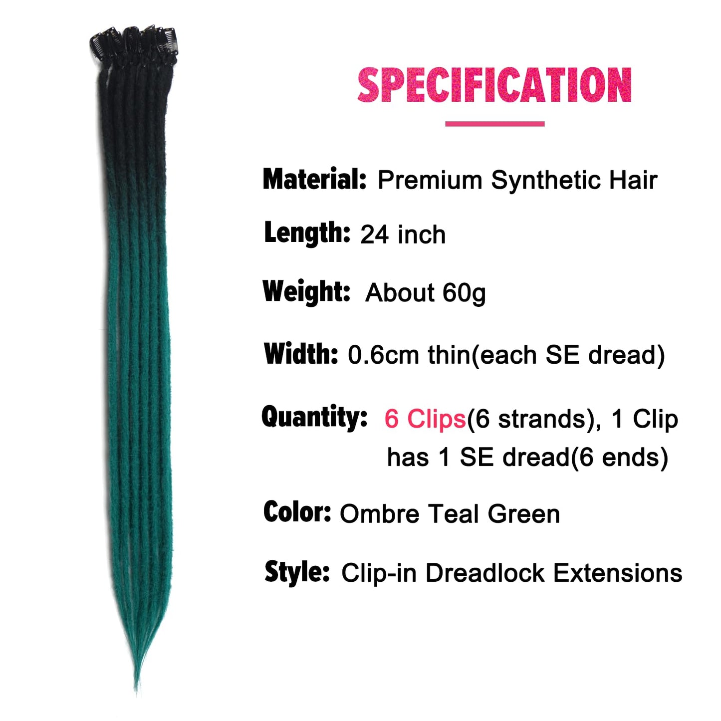 Kyriena Ombre Green Clip In Dreadlock Extensions, 6PCS Handmade Clip In Dreads Hair Extensions, 0.6cm Width Thin SE Hippie Fake Synthetic Dreadlock Extensions for Women