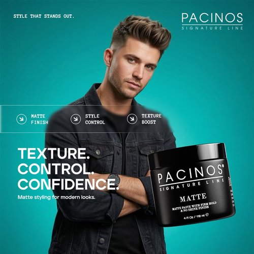 Pacinos Matte Hair Paste - Firm Hold Styling Wax for All Hair Types | Long-Lasting Definition & Texture, 4 fl. oz.