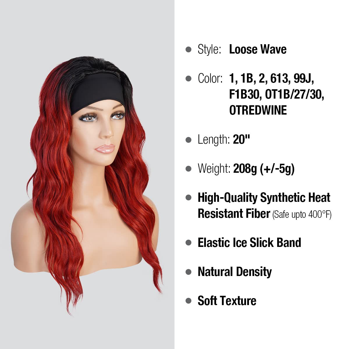 STUDIOCUT BY PROS Headband Wig 20 Inch Loose Wave Quick Wrap Headband Wig Long Wavy Curly Wigs for Black Women High Heat Resistant Synthetic Wigs HBW004 (20 Inch (Pack of 1), OTREDWINE)