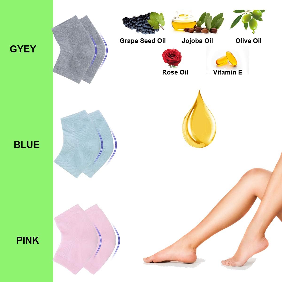 Skiennix Vented Moisturizing Gel Heel Socks - 3 Pairs Toeless Spa Socks for Cracked Heels & Dry Feet | Gray, Green, Pink