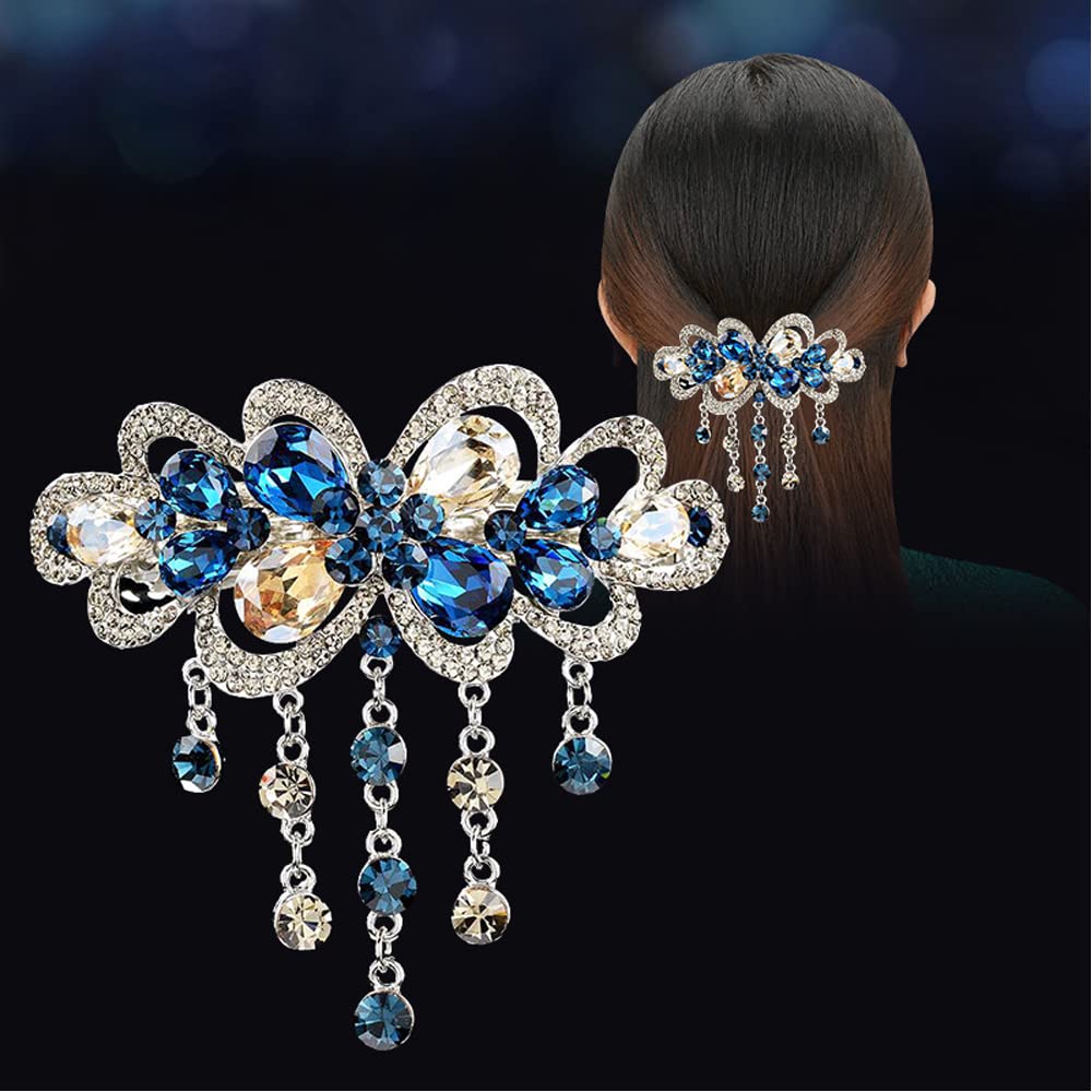 E EMZHOLE Large Elegant Hair Barrettes for Women Girls Spring Clip Flower Tassel Design Sparkly Glitter Rhinestone Hairpin Crystal Hair Clip Hair Accessories (Deep Blue/Champagne)