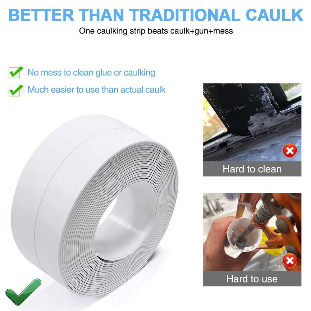 Skiennix Caulk Tape - Self-Adhesive Waterproof Sealant Strip for Bathroom & Kitchen | 2 Rolls, White