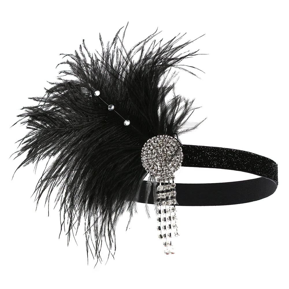 STIOEDYUAN 1920s Flapper Headband Hair Accessories For Women Roaring 20s Feather Headpiece Hair Band Vintage Gatsby Party Rhinestone (Black+White)