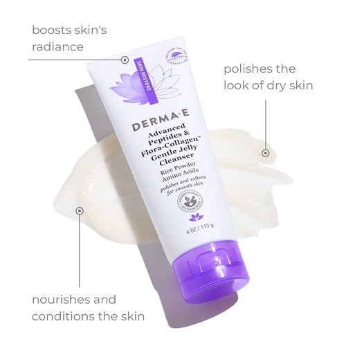 Derma E Gentle Jelly Cleanser - Advanced Peptides & Vegan Flora-Collagen for Brightening & Hydration | 4 Oz
