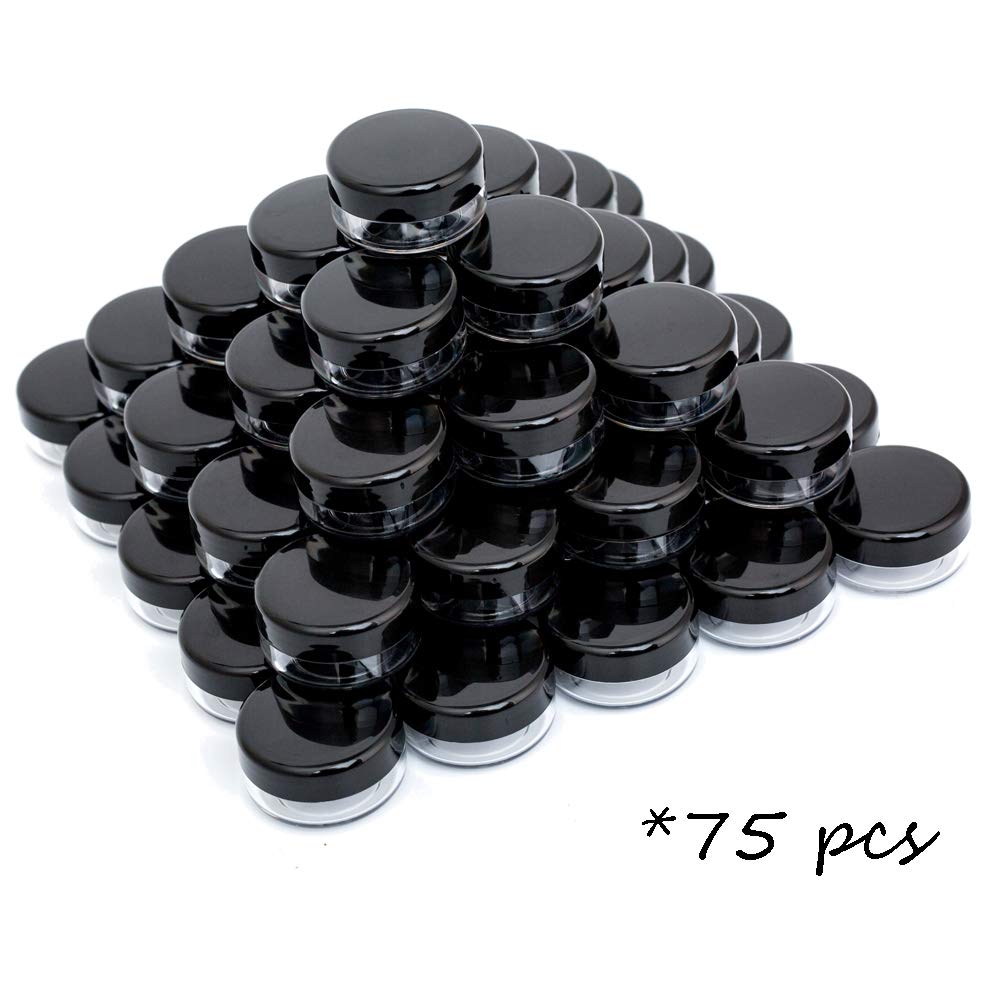 ZEJIA 3 Gram Sample Containers with Lids,75Pack Tiny Sample Jars with Labels, Mini Plastic Cosmetic Containers for Beauty Products, Lip Balms, Lotion, Powder (Black Lids)