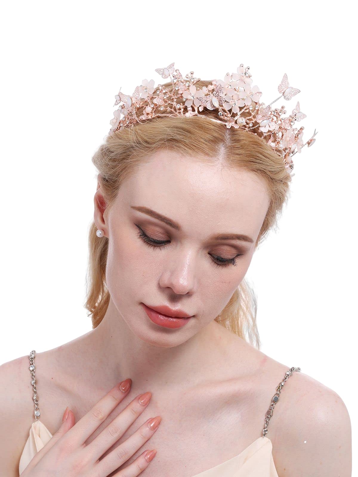 Brihasory Butterfly Queen Birthday Crowns Gold Tiaras for Bride, Crystal Royal Princess Wedding Rhinestone Headband, Costmue Party Christmas Halloween Black Prom Headpiece for Women and Girls (Pink)