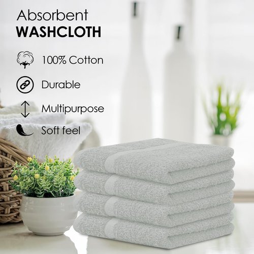 Avalon Towels Cotton Washcloths – (Pack of 24) Size 12x12 Inches, 100% Ring Spun Cotton, Soft & Absorbent Face Towels, Gym Towels, Hotel and Spa Quality, Reusable Fingertip Towels (Silver)