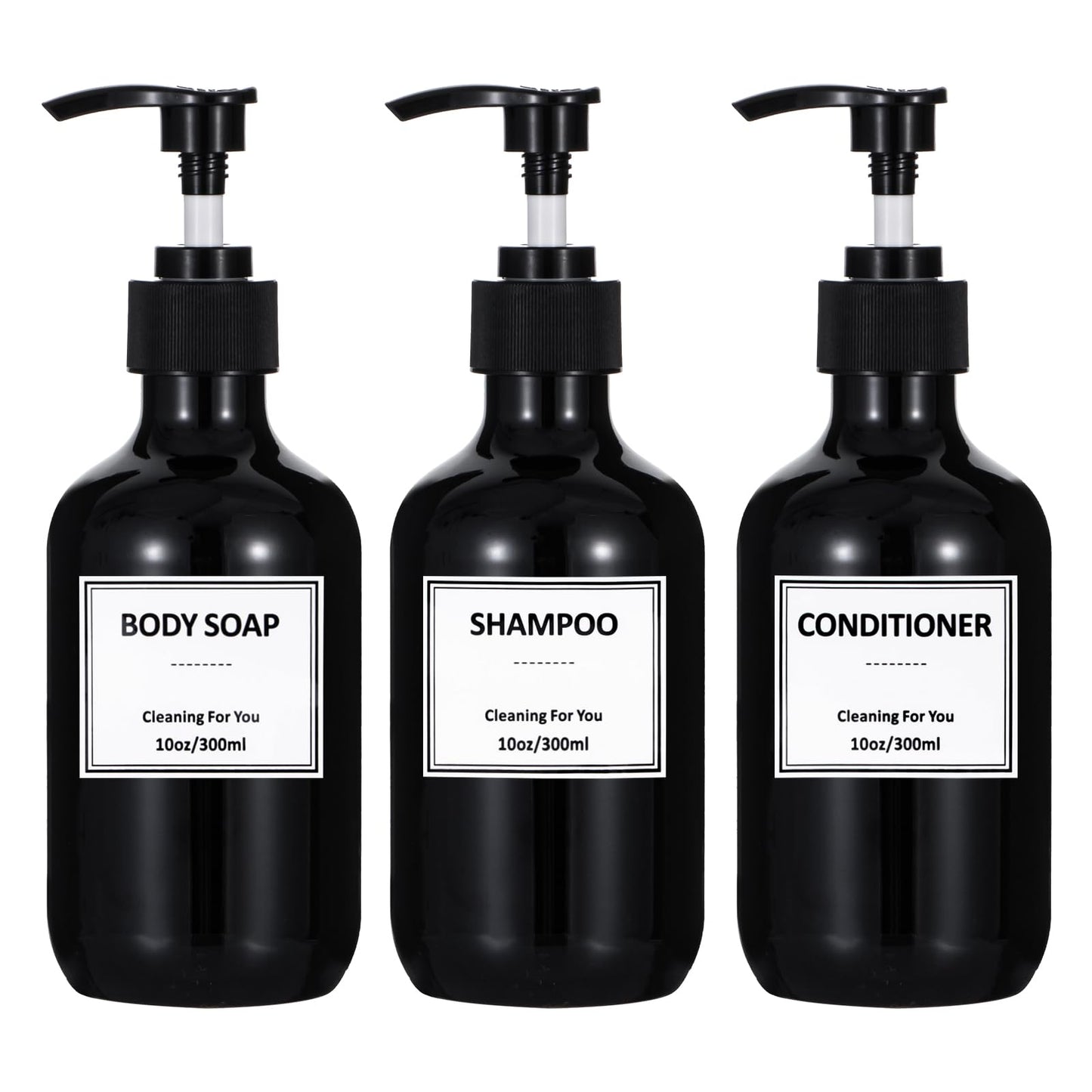 Yeeco 10oz Hand Soap Dispenser, 300ML Plastic Pump Bottles Dispenser with Waterproof Labels, Shampoo and Conditioner Dispenser for Liquid Soap, Kitchen, Bathroom, Commercial (3 Pack Black)