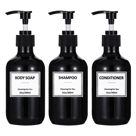Yeeco 10oz Hand Soap Dispenser, 300ML Plastic Pump Bottles Dispenser with Waterproof Labels, Shampoo and Conditioner Dispenser for Liquid Soap, Kitchen, Bathroom, Commercial (3 Pack Black)