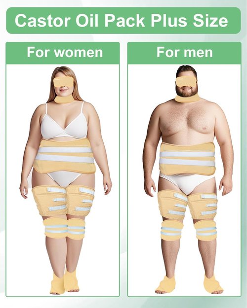 11PCS Plus Size Castor Oil Pack Kit - Reusable Full Body Wraps for Stomach, Neck, Eyes, Knees, Feet & Legs | 3-Layer Flannel Cotton, Full Adhesive | Pain Relief, Liver Detox, Stress Relief (Khaki)