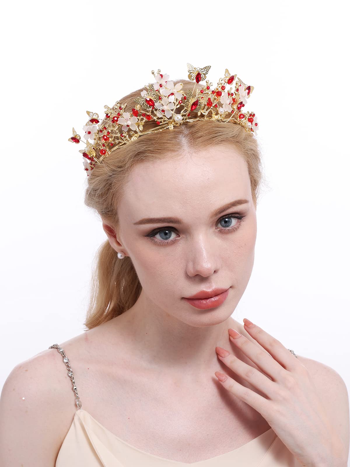 Brihasory Butterfly Queen Birthday Crowns Gold Tiaras for Bride, Crystal Royal Princess Wedding Rhinestone Headband, Costmue Party Christmas Halloween Black Prom Headpiece for Women and Girls (Red)