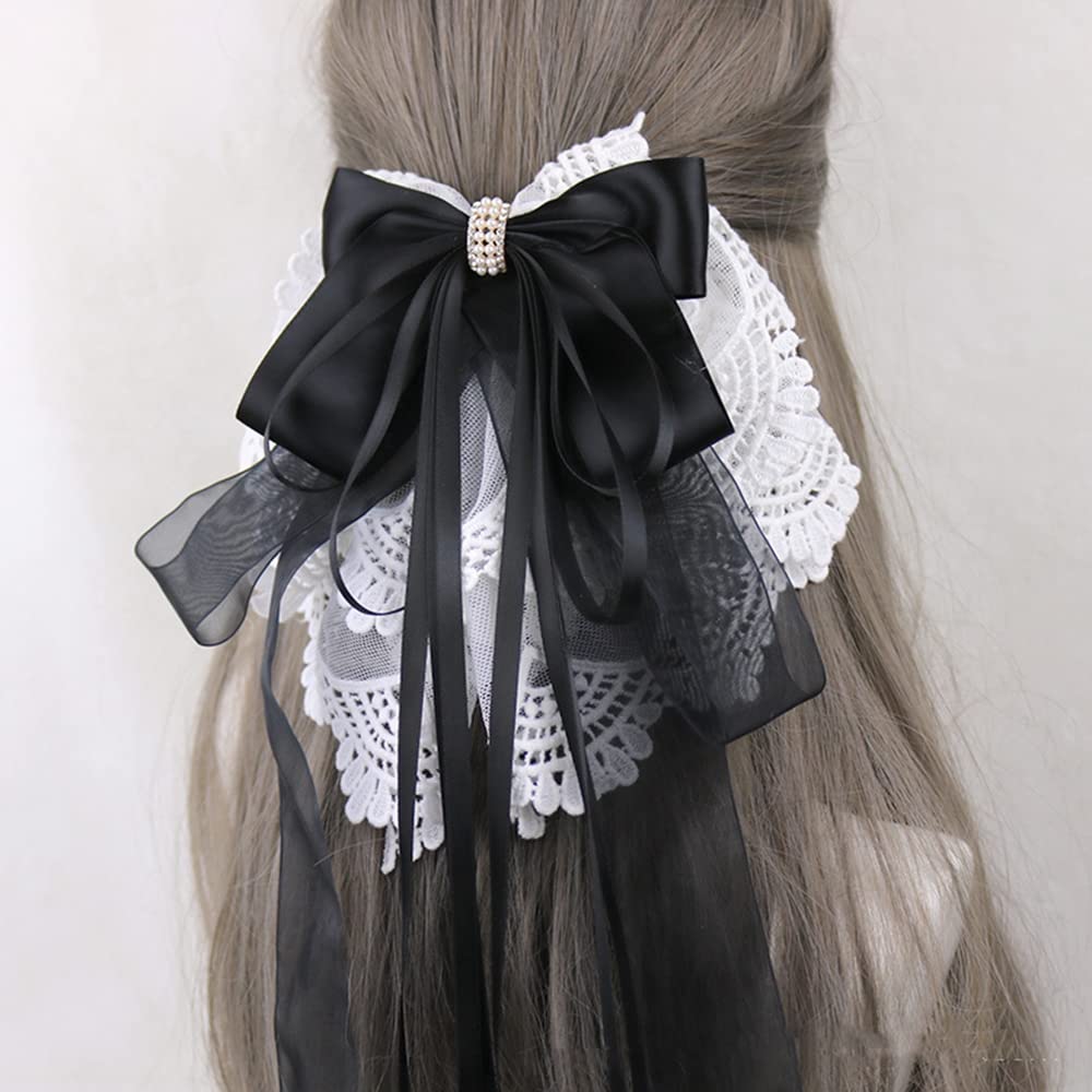 Women Handmade Ribbon Lace Sweet Cute Hairpin Lolita Big Bow Hair Clips Lolita Party Princess Barrette Hair Accessories (Black)