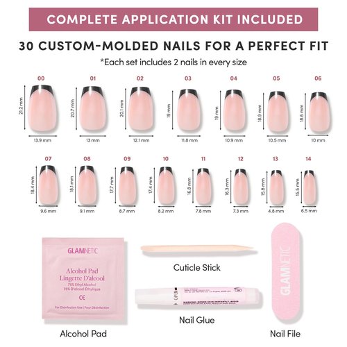 Glamnetic Press On Nails - Balsamic Glaze | Medium Coffin Black French Tip Fake Nails, Salon Quality French Manicure | 15 Sizes - 30 Nail Kit with Glue