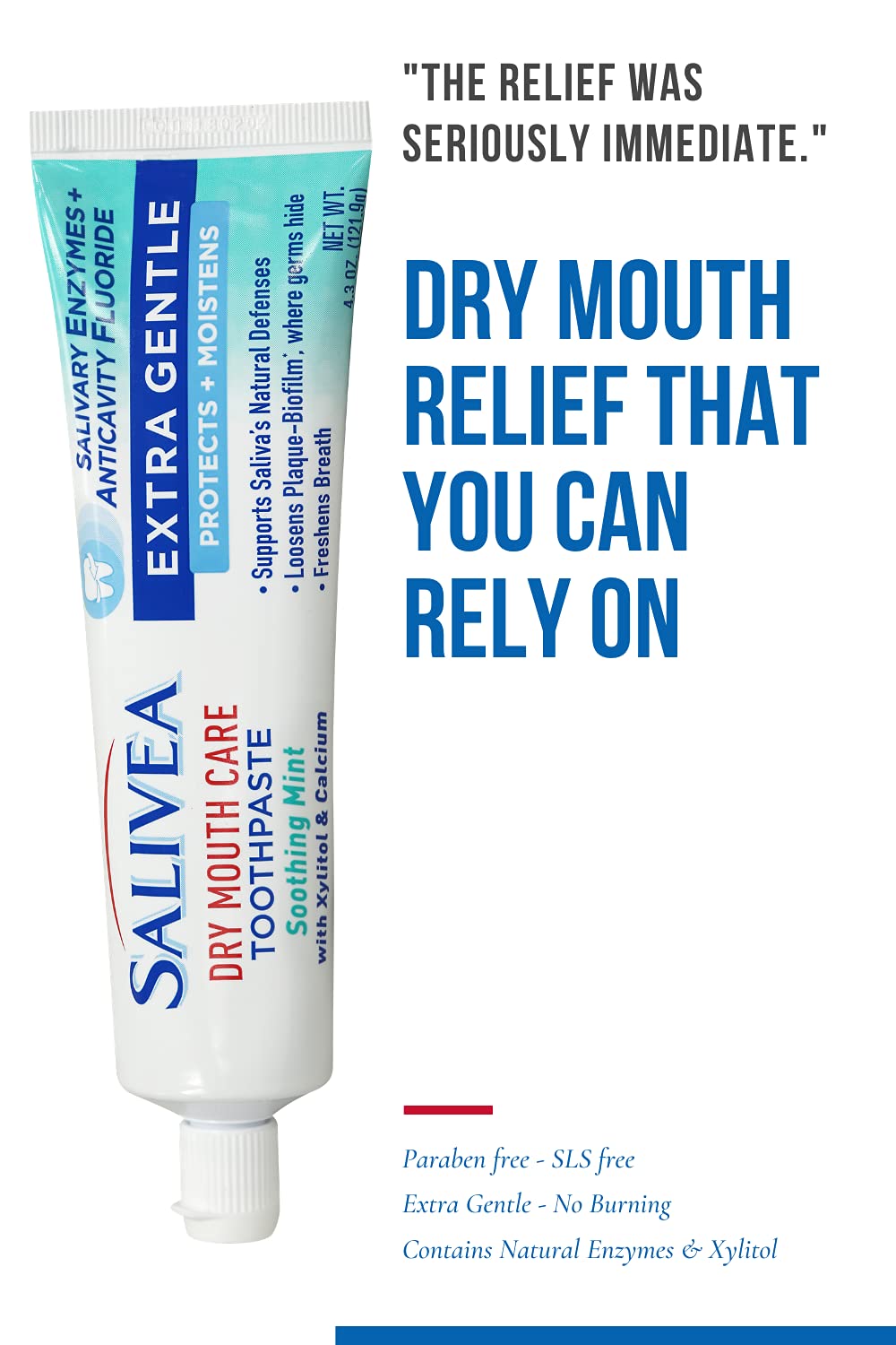SALIVEA Dry Mouth Toothpaste - Soothing Mint Toothpaste with Natural Salivary Enzymes - Gentle Toothpaste to Aid Dry Mouth Care - Natural, Paraben Free Dry Mouth Toothpaste - Mint Flavor (4.3 oz Tube)