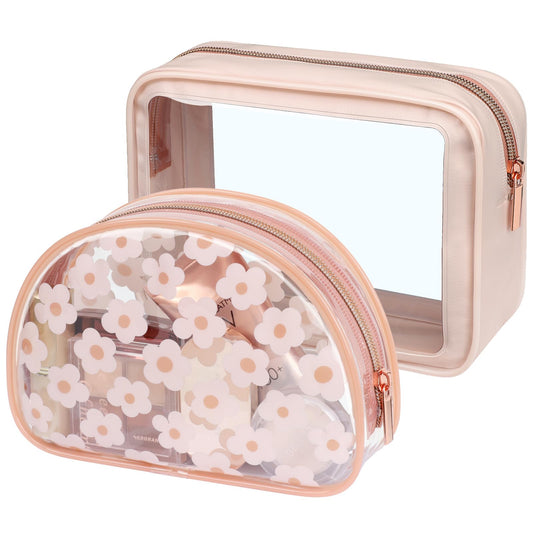 PACKISM TSA Approved Toiletry Bag - Rose Pink Flower Print Clear Shell Bag and Upgrade Color-Edged Quart Size Bag, Perfect for On the Go or Travel, Lightweight and Robust, 2 Pack