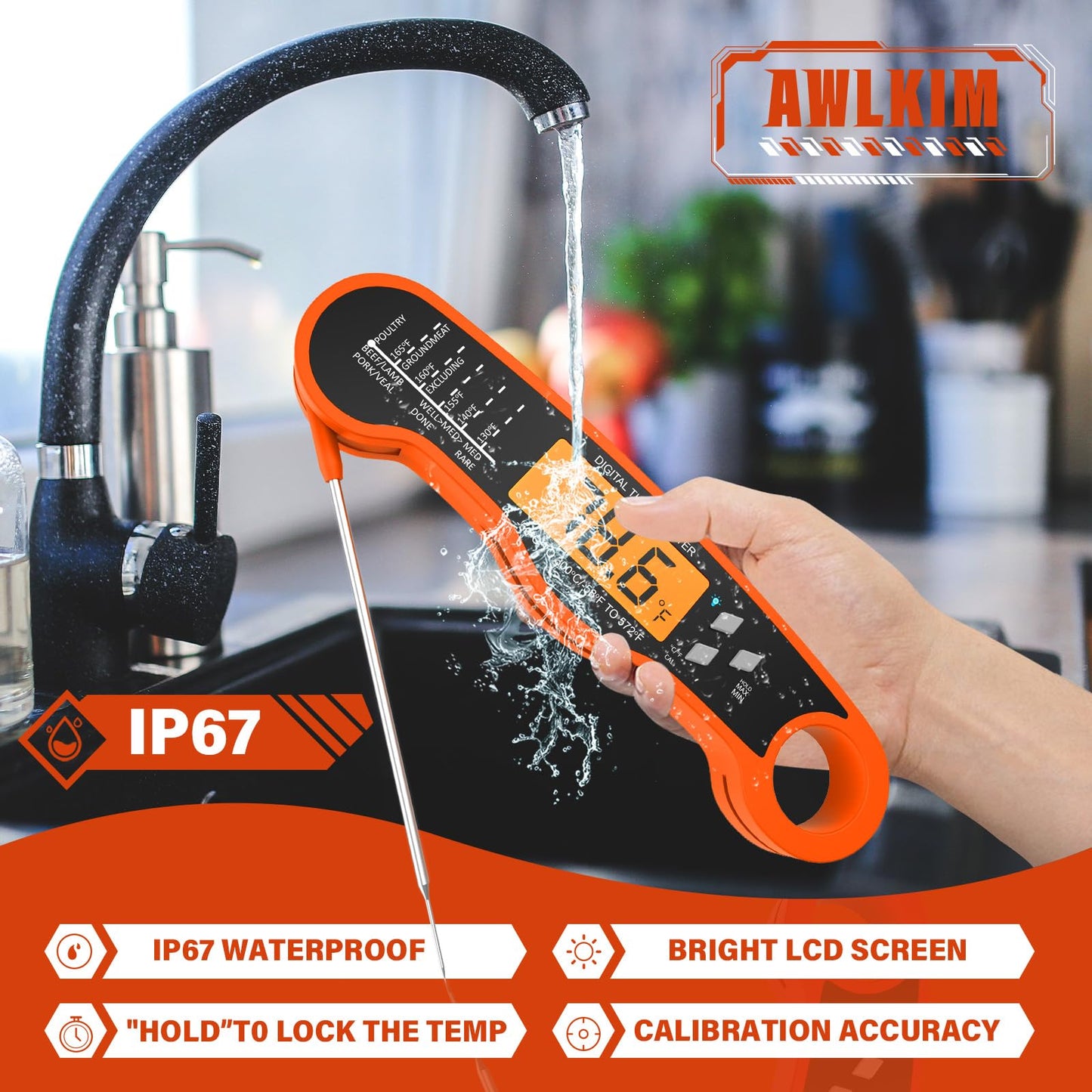 Fast Instant Read Meat Thermometer with Backlight - Waterproof Digital Food Probe for Grilling, Cooking, Baking & Candy Making - Kitchen & BBQ Essential(Black)