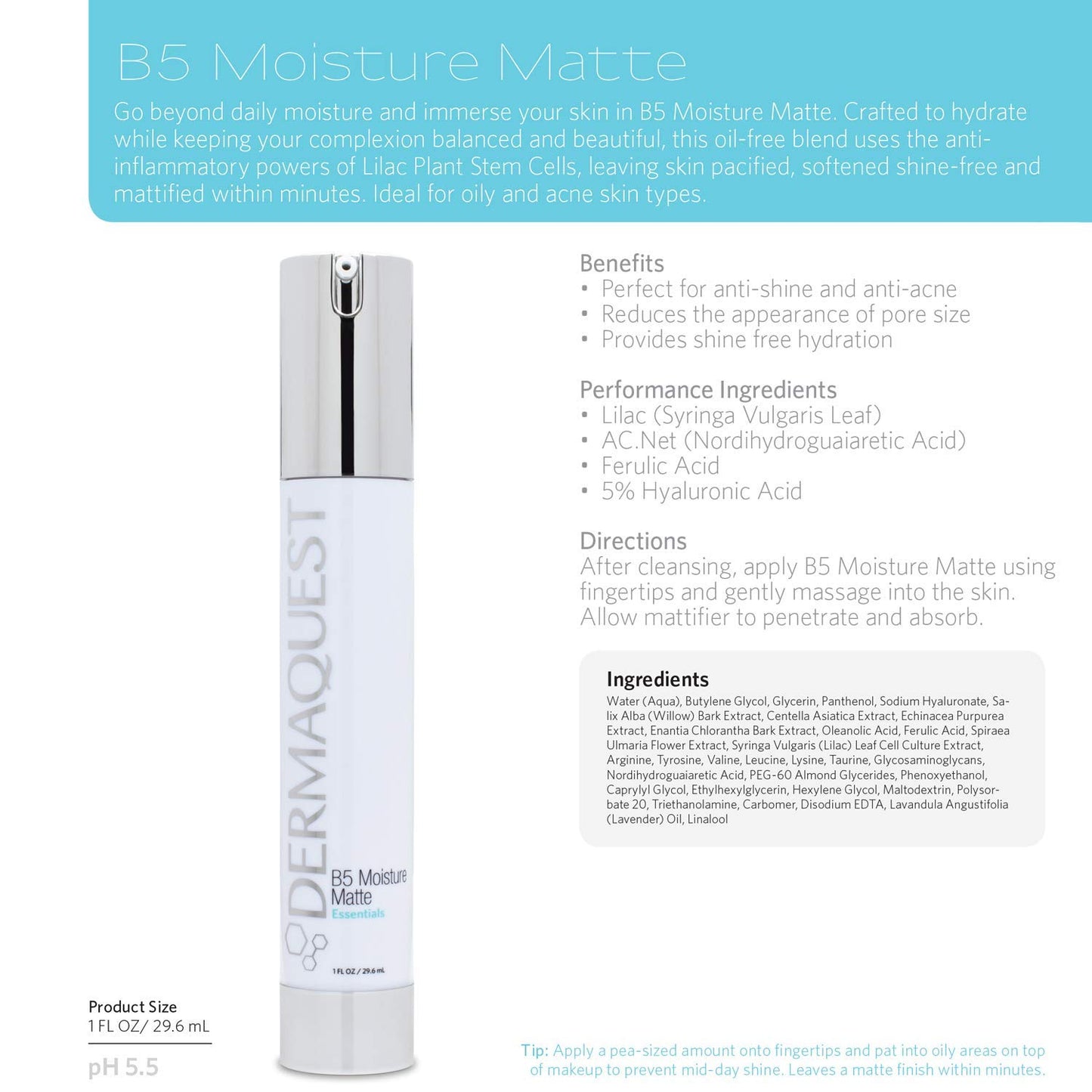DermaQuest Essential B5 Moisture Matte - Oily & Acne Prone Skin Face Moisturizer - 5% Hyaluronic Acid (1oz)