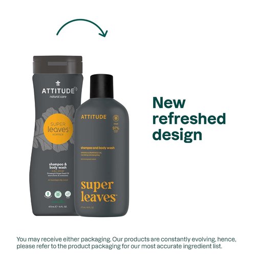 ATTITUDE 2-in-1 Body Wash & Shampoo - EWG Verified, Vegan Formula with Ginseng & Grapeseed Oil | 16 Fl Oz