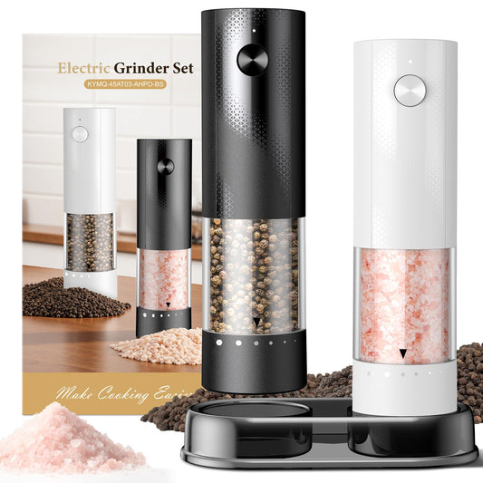 Electric Salt and Pepper Grinder Set - Rechargeable Automatic Salt and Pepper Shakers, Kitchen Appliances with External Adjustable Coarseness, Larger Hopper for Cooking, Home Gifts(2 Pack,Black/Black)