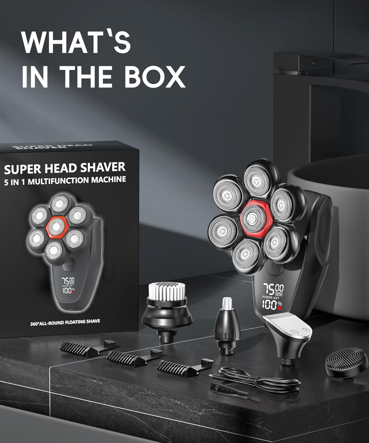 Skiennix 5-in-1 Head Shaver for Bald Men - 7D Rotary Electric Grooming Kit | IPX8 Waterproof, Midnight Black