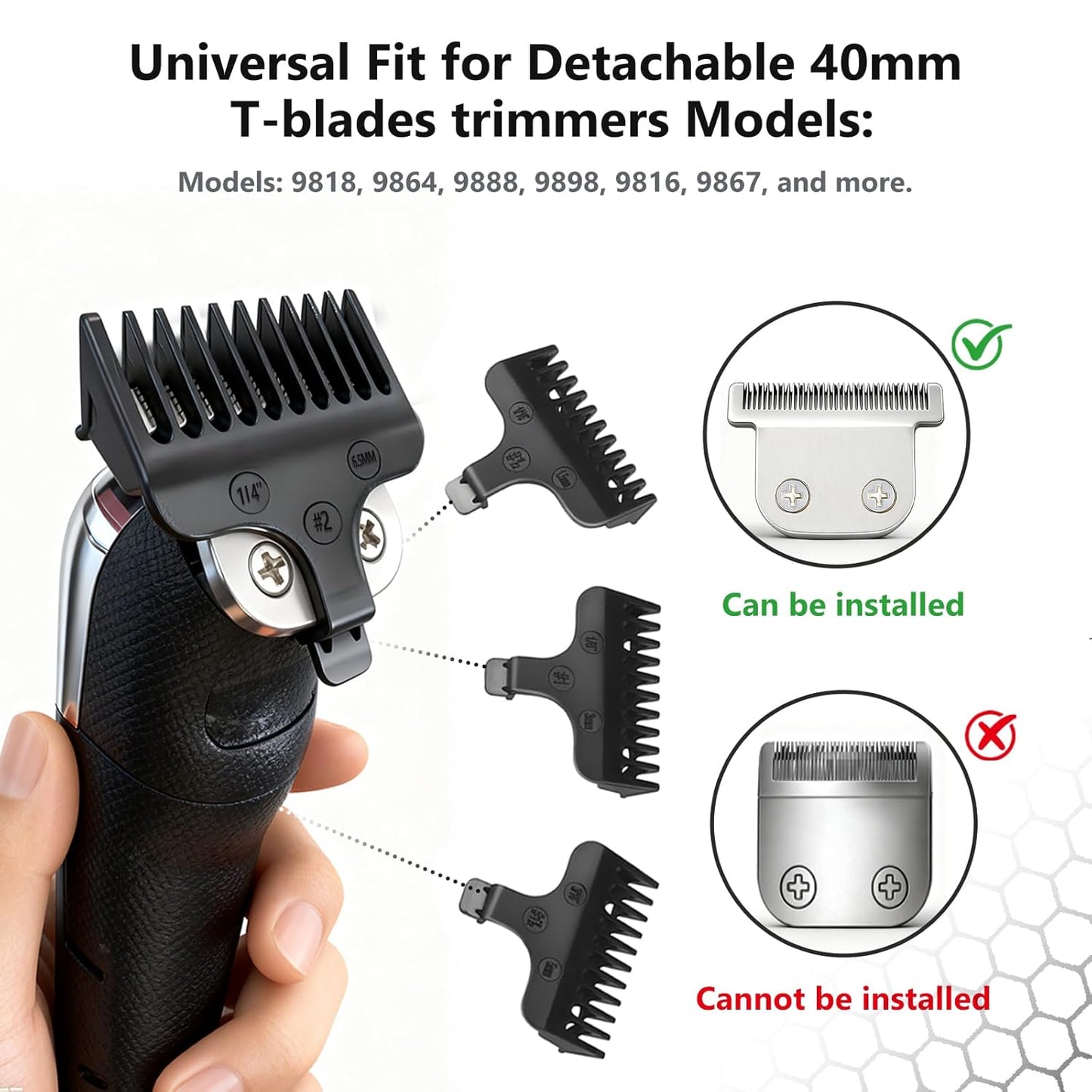 Wahl 40mm Detachable T-Blade - Includes 3 Guard Combs (1.5mm, 3mm, 5mm) for Precision Trimming