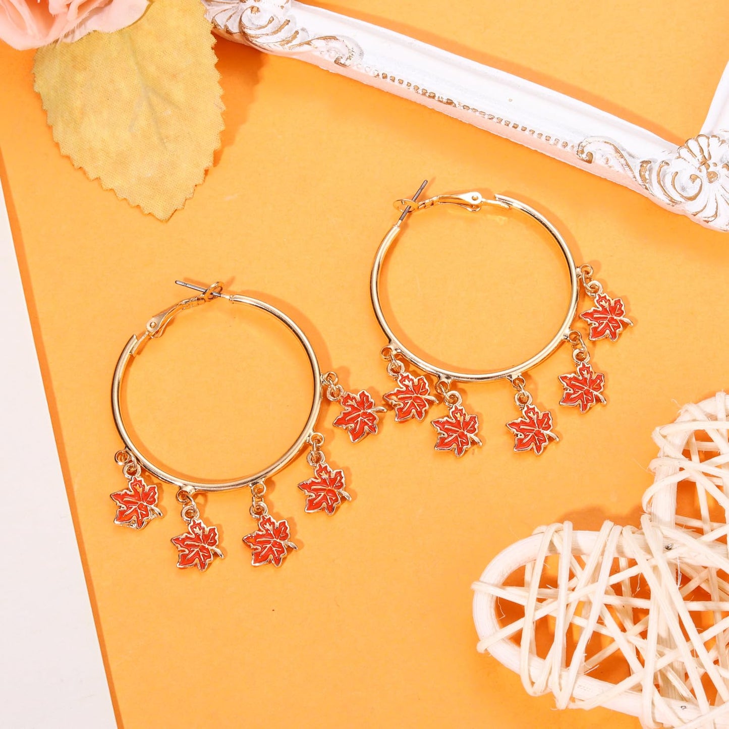 Thanksgiving Earrings for Women Cute Turkey Pumpkin Earrings Fall Maple Leaf Squirrel Corn Earrings Statement Festive Hoop Earrings Turkey Day Accessory Jewelry Gifts (Maple Leaf)