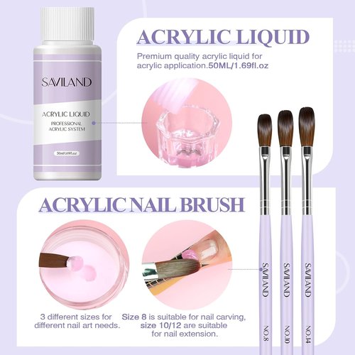 SAVILAND Acrylic Nail Kit for Beginners - Clear, White & Pink Powder, 1.7 fl oz Liquid, 100 Nail Forms