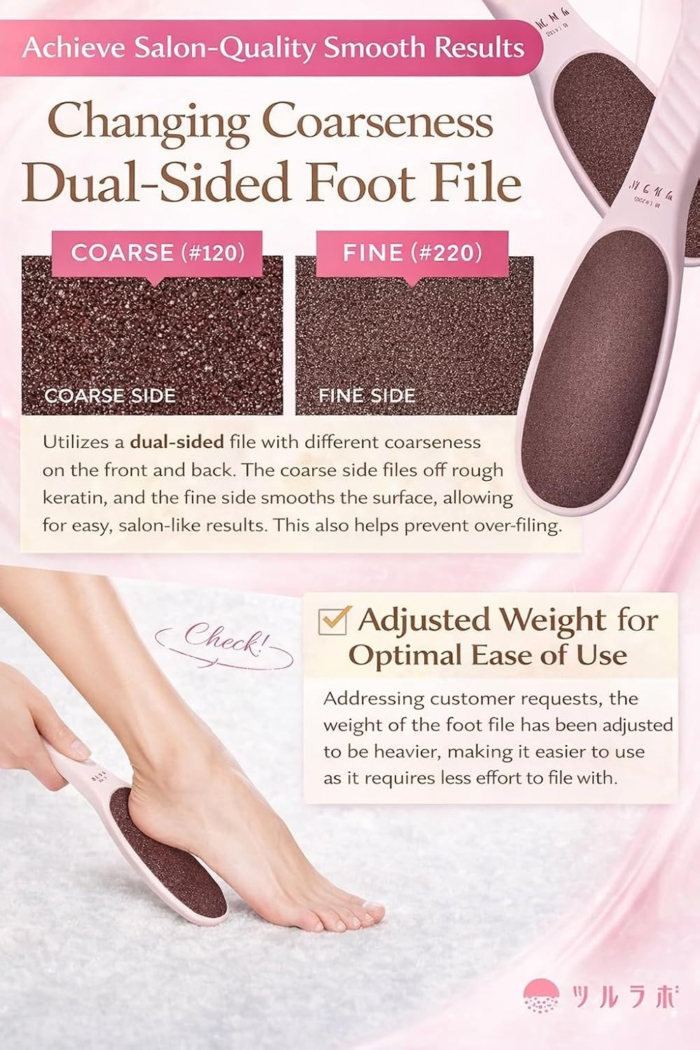 TSURULABO Foot File - Dual-Sided Coarse & Fine Design | Water-Resistant Pink Callus Remover