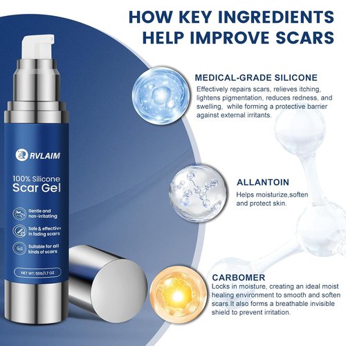 100% Silicone Scar Gel Scar Cream, Advanced Silicone Gel for Removal of Surgical, Burns, Acne Scar, Old and Recent Scars and Stretch Marks, 1.7 oz/50ml